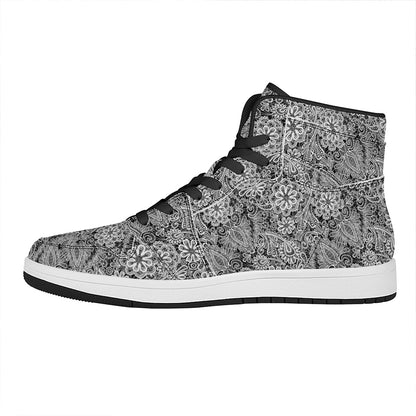 Black And White Western Flower Print High Top Leather Sneakers