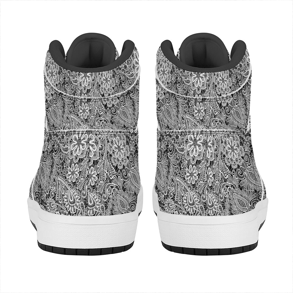 Black And White Western Flower Print High Top Leather Sneakers