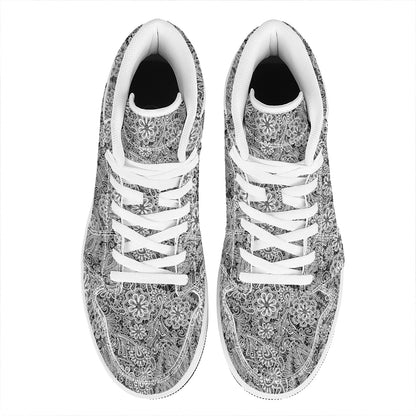 Black And White Western Flower Print High Top Leather Sneakers