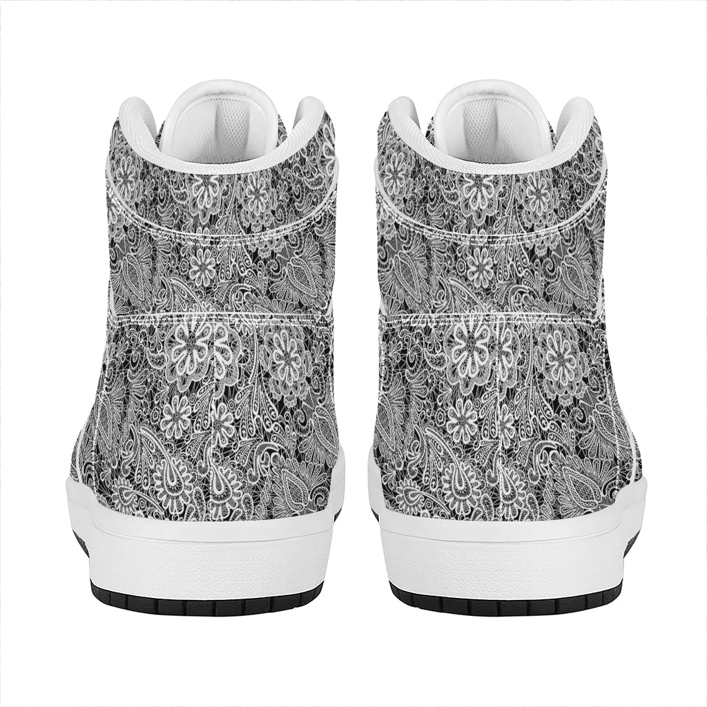 Black And White Western Flower Print High Top Leather Sneakers