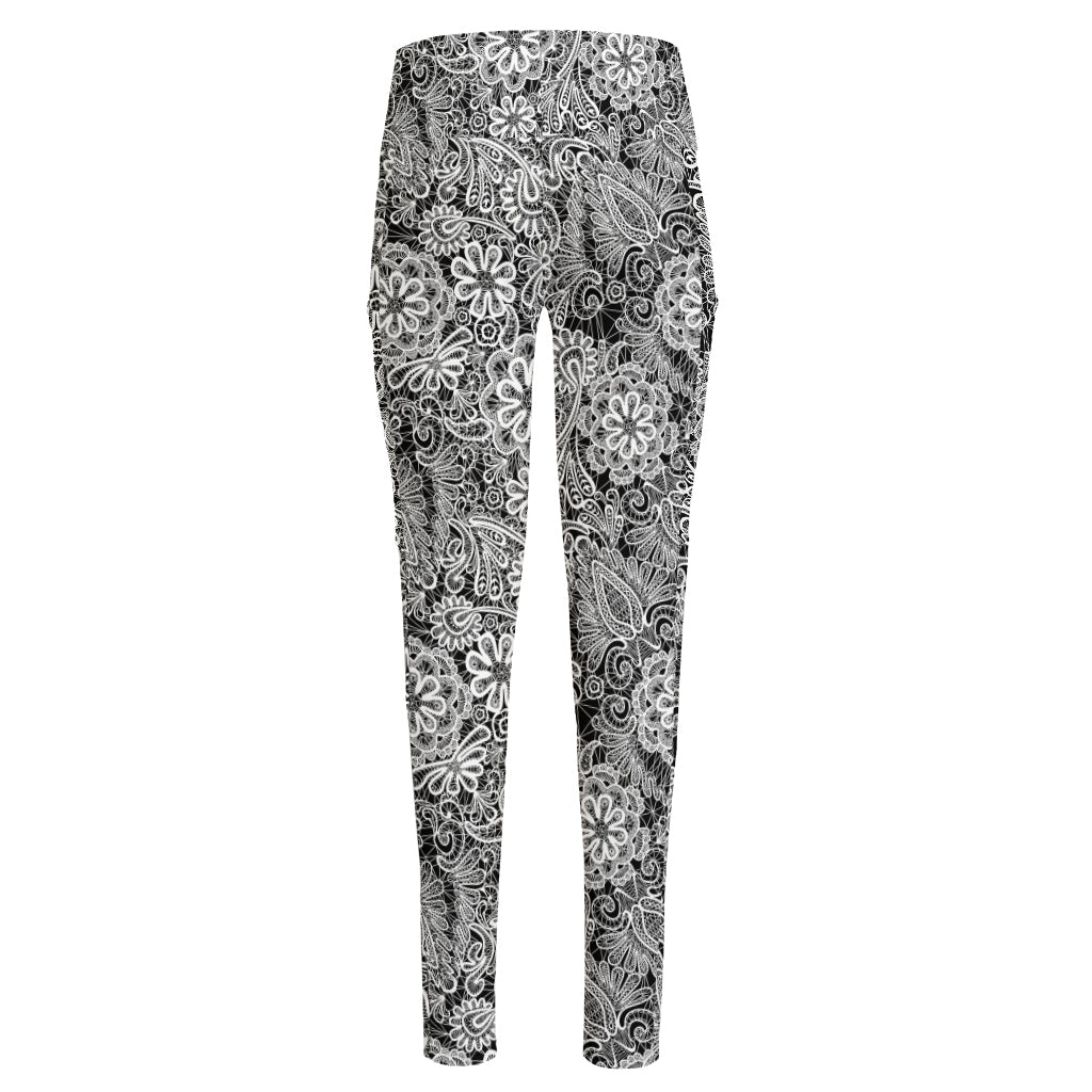 Black And White Western Flower Print High-Waisted Pocket Leggings