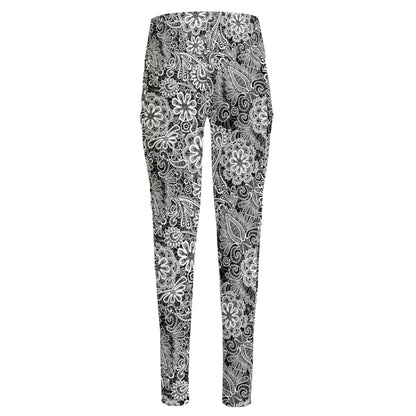 Black And White Western Flower Print High-Waisted Pocket Leggings