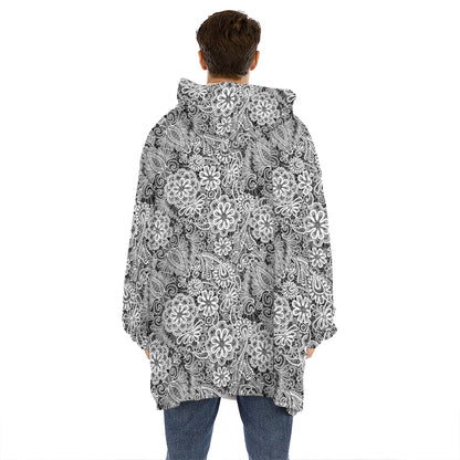 Black And White Western Flower Print Hoodie Blanket