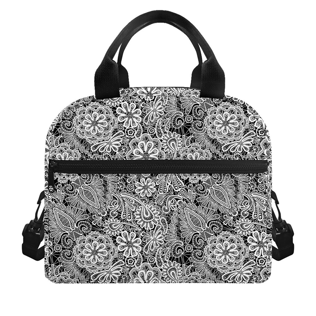 Black And White Western Flower Print Insulated Lunch Bag