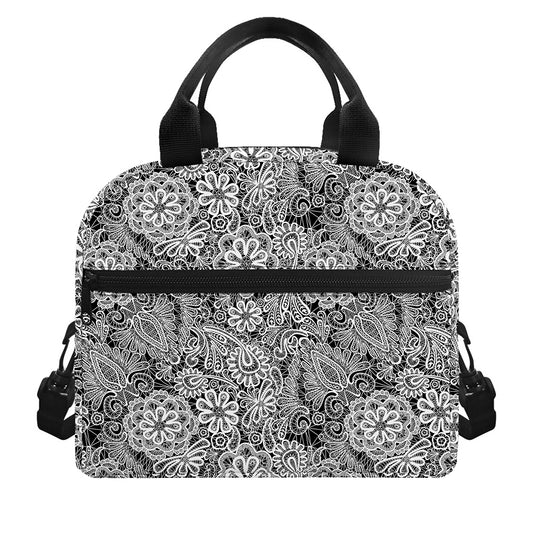 Black And White Western Flower Print Insulated Lunch Bag