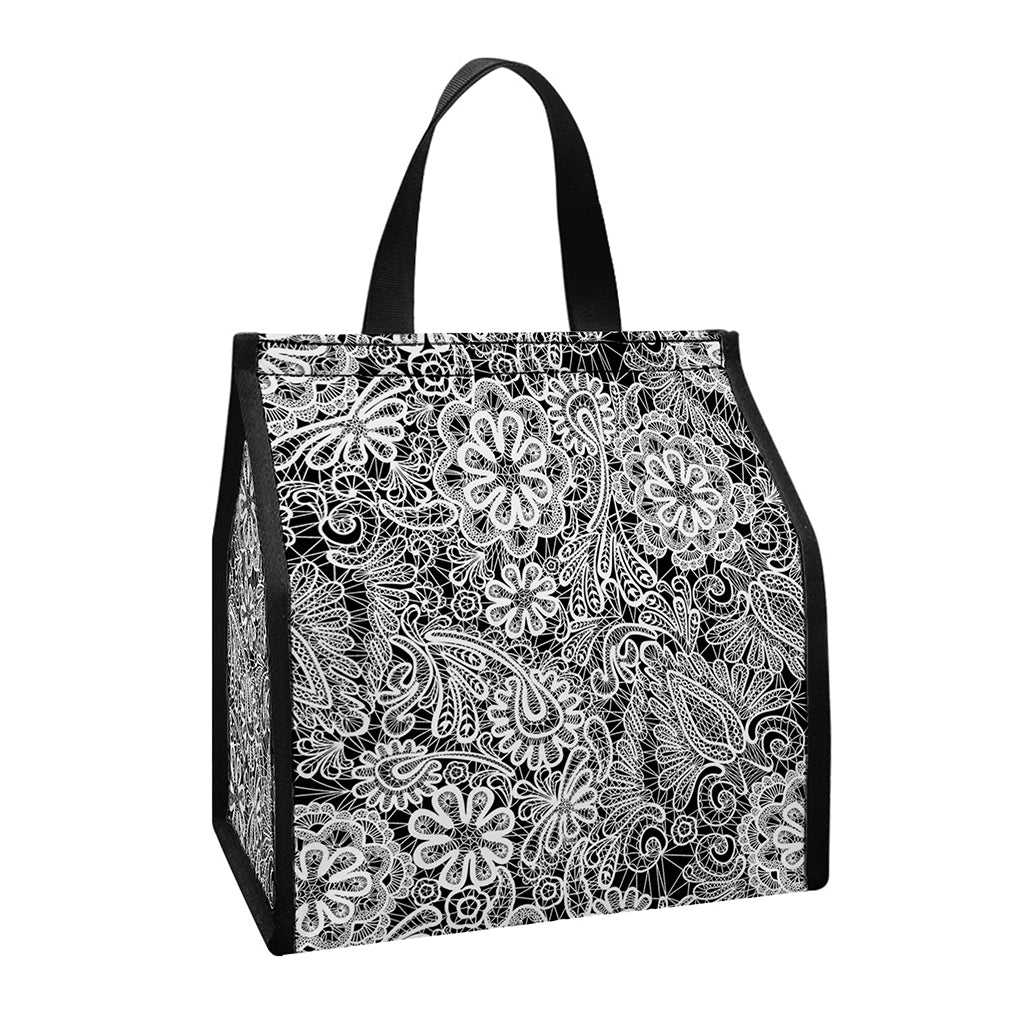 Black And White Western Flower Print Insulated Lunch Tote
