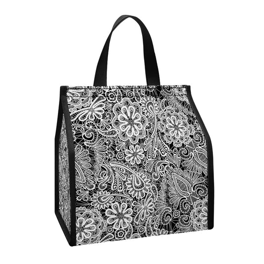 Black And White Western Flower Print Insulated Lunch Tote