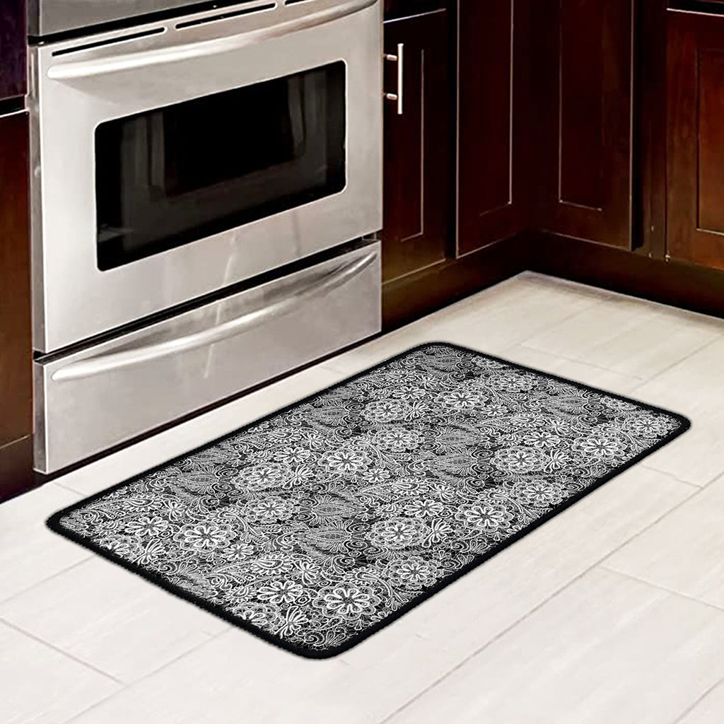 Black And White Western Flower Print Kitchen Mat