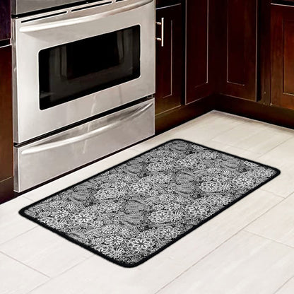 Black And White Western Flower Print Kitchen Mat