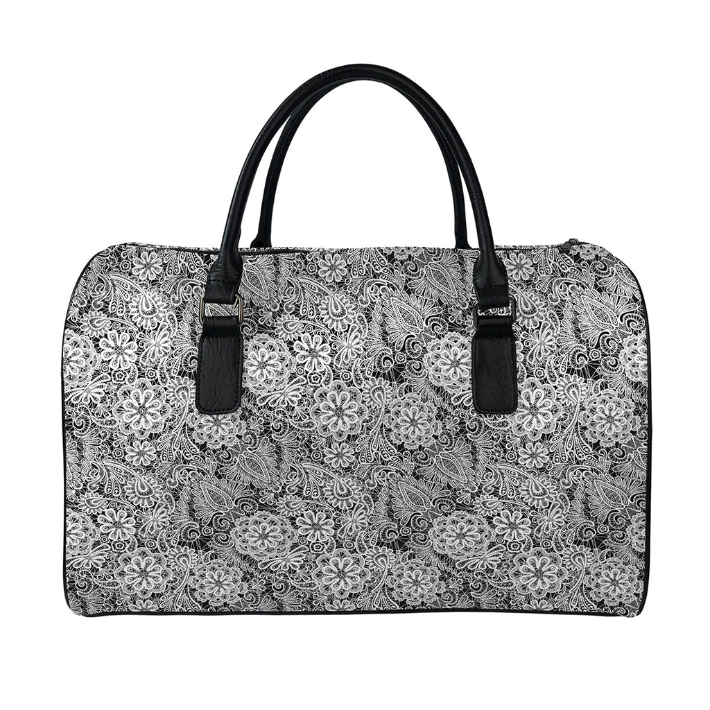 Black And White Western Flower Print Leather Duffle Bag