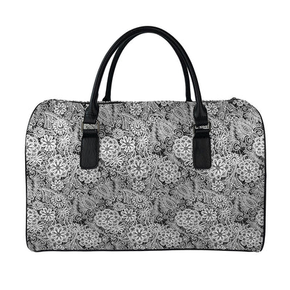 Black And White Western Flower Print Leather Duffle Bag
