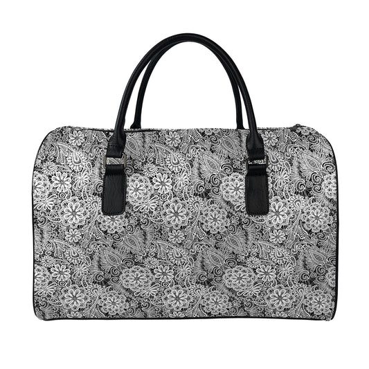 Black And White Western Flower Print Leather Duffle Bag