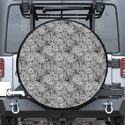 Black And White Western Flower Print Leather Spare Tire Cover