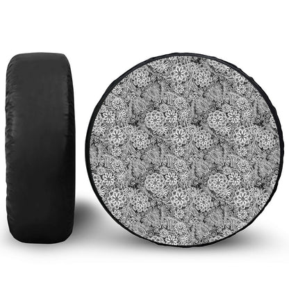 Black And White Western Flower Print Leather Spare Tire Cover