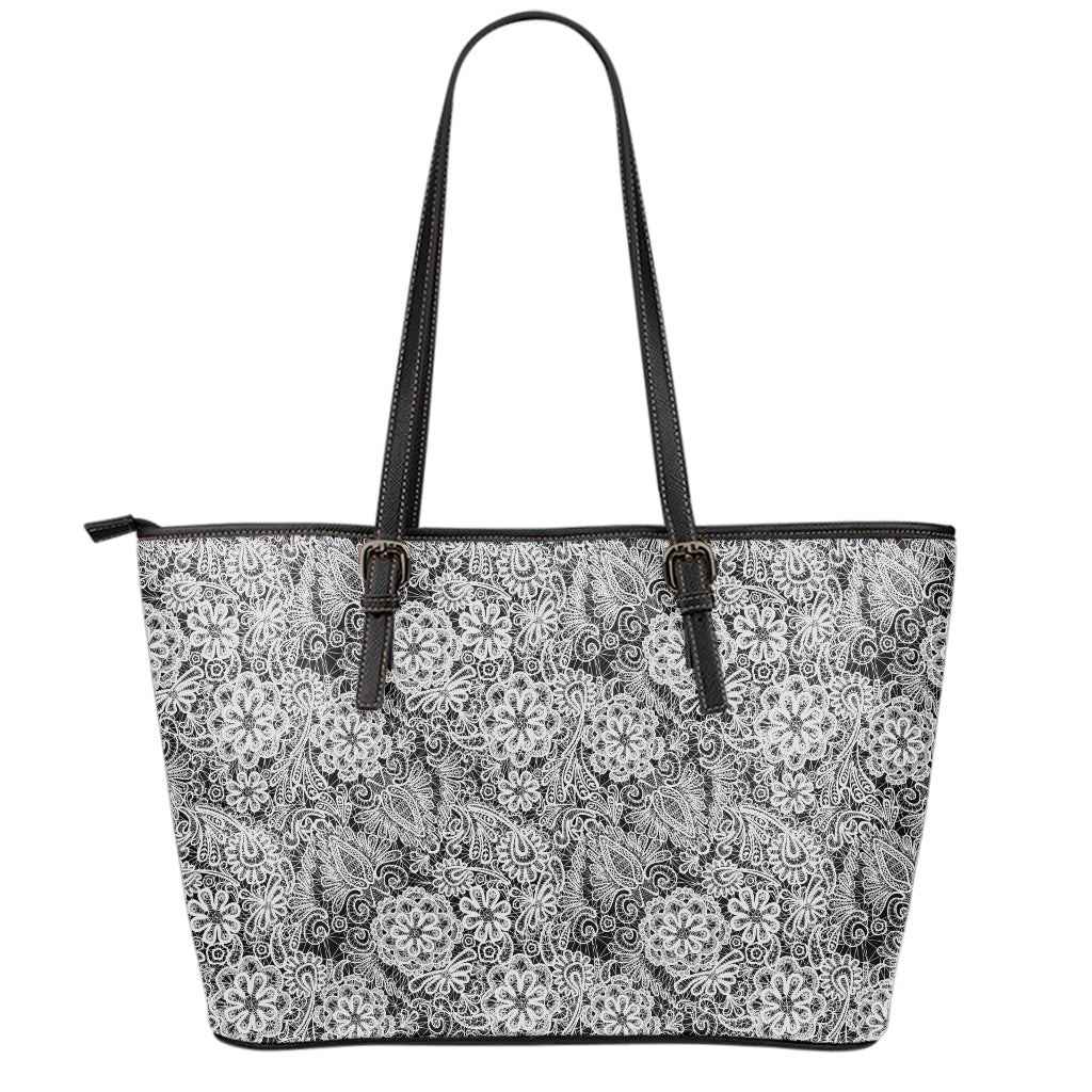 Black And White Western Flower Print Leather Tote Bag