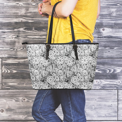 Black And White Western Flower Print Leather Tote Bag