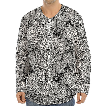 Black And White Western Flower Print Long Sleeve Baseball Jersey