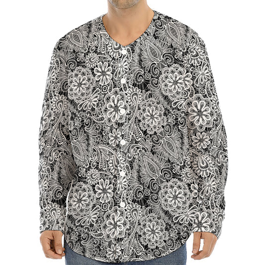 Black And White Western Flower Print Long Sleeve Baseball Jersey