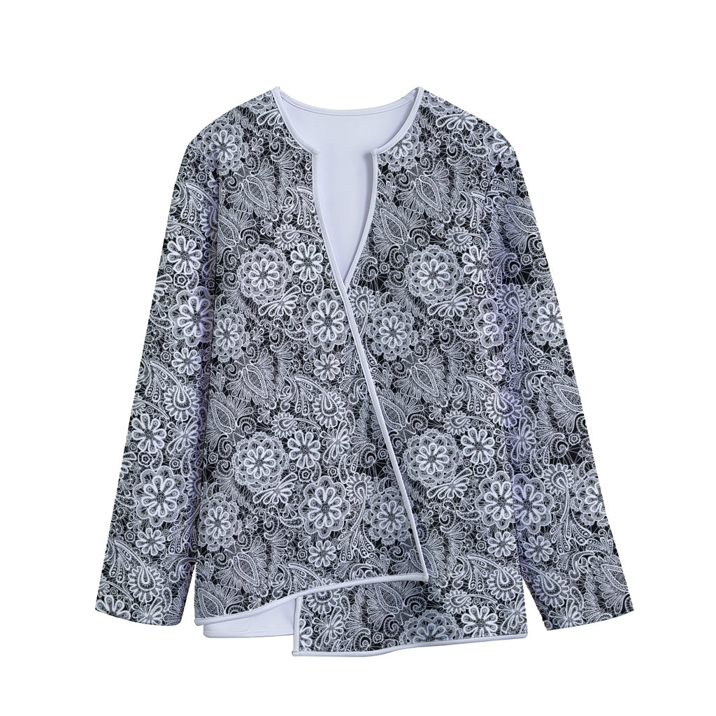 Black And White Western Flower Print Long Sleeve Short Coat