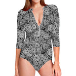 Black And White Western Flower Print Long Sleeve Swimsuit