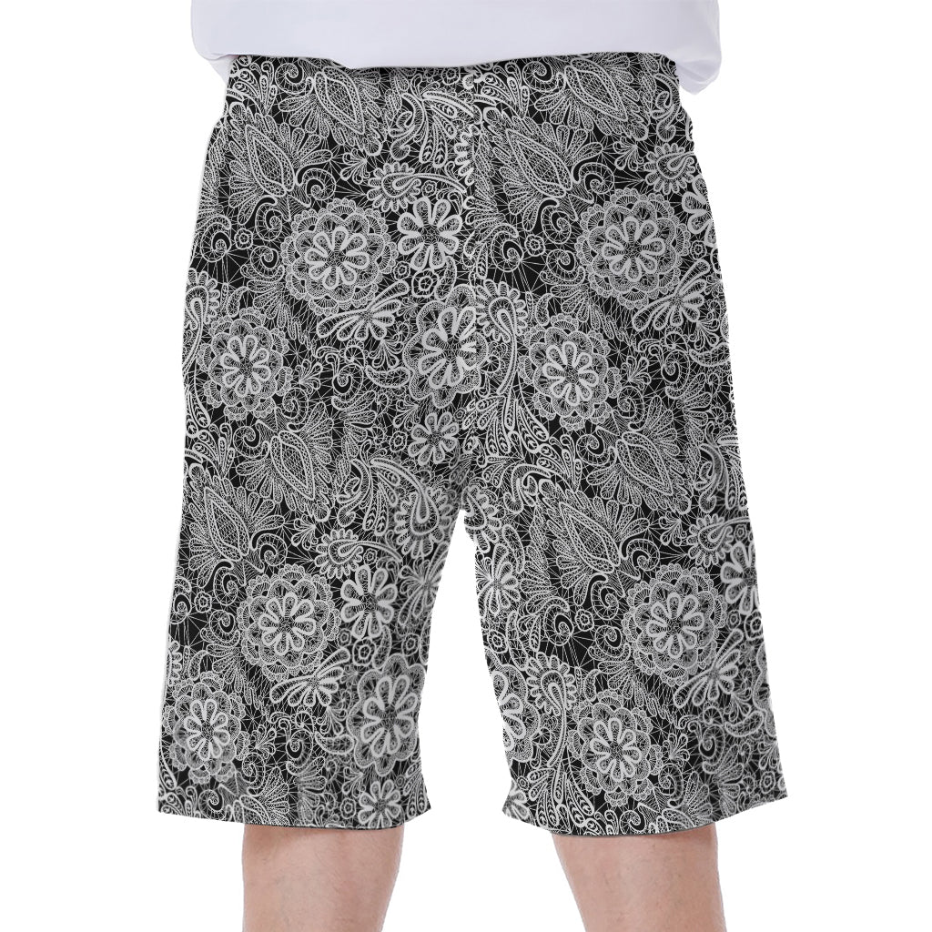 Black And White Western Flower Print Men's Beach Shorts
