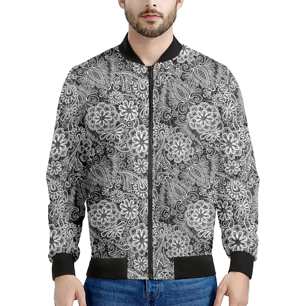 Black And White Western Flower Print Men's Bomber Jacket