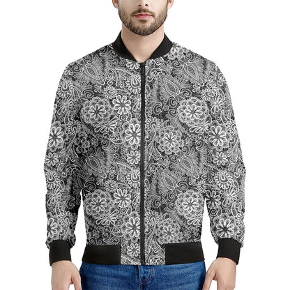 Black And White Western Flower Print Men's Bomber Jacket