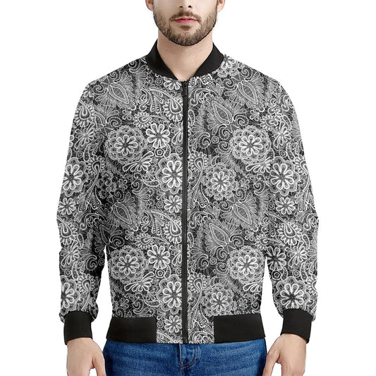 Black And White Western Flower Print Men's Bomber Jacket