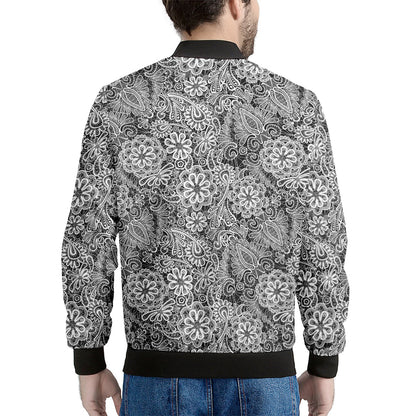 Black And White Western Flower Print Men's Bomber Jacket