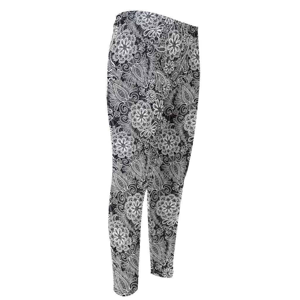 Black And White Western Flower Print Men's Compression Pants
