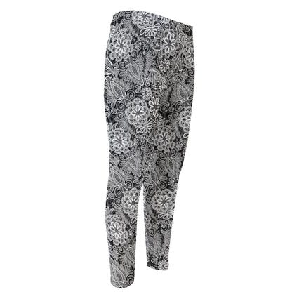 Black And White Western Flower Print Men's Compression Pants