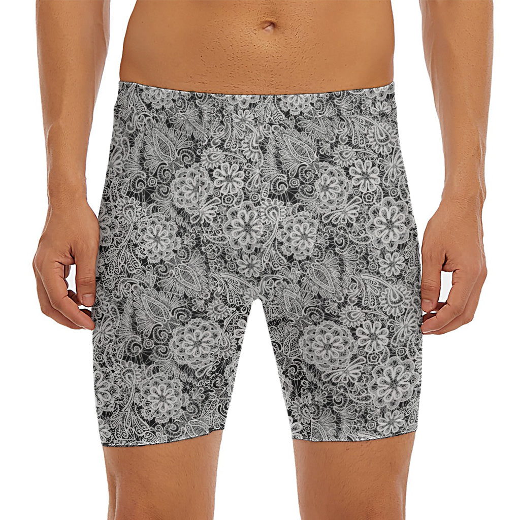Black And White Western Flower Print Men's Long Boxer Briefs