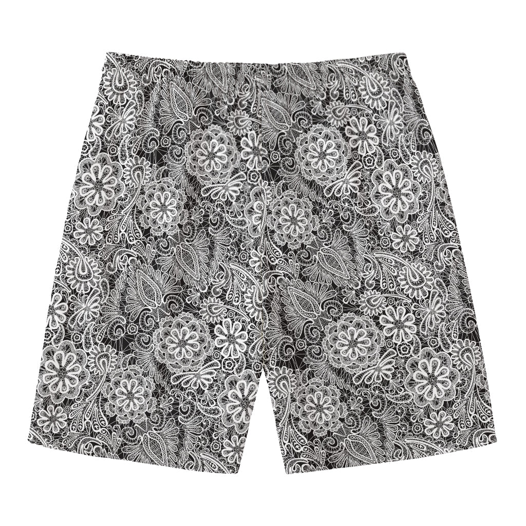 Black And White Western Flower Print Men's Swim Trunks