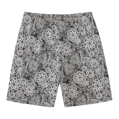 Black And White Western Flower Print Men's Swim Trunks