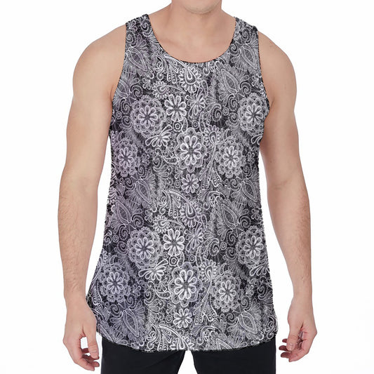 Black And White Western Flower Print Men's Velvet Tank Top