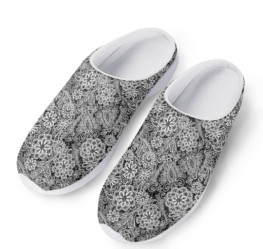 Black And White Western Flower Print Mesh Casual Shoes