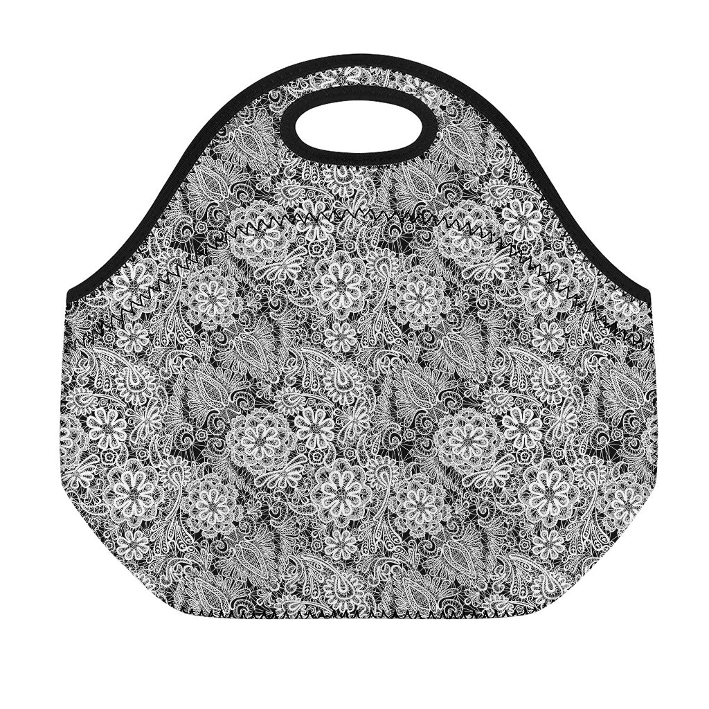 Black And White Western Flower Print Neoprene Lunch Bag