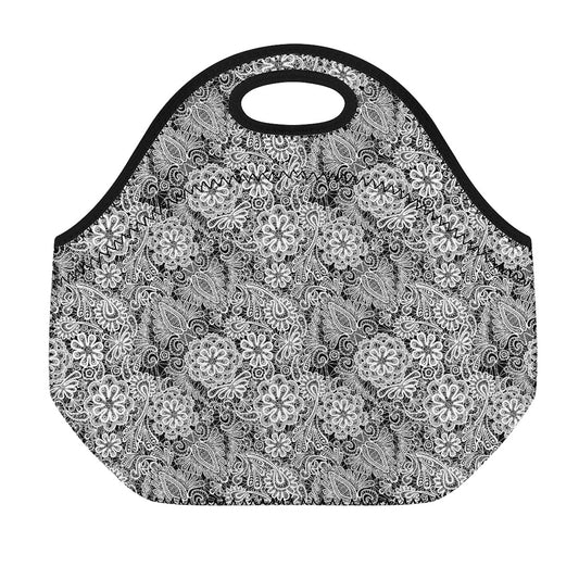 Black And White Western Flower Print Neoprene Lunch Bag