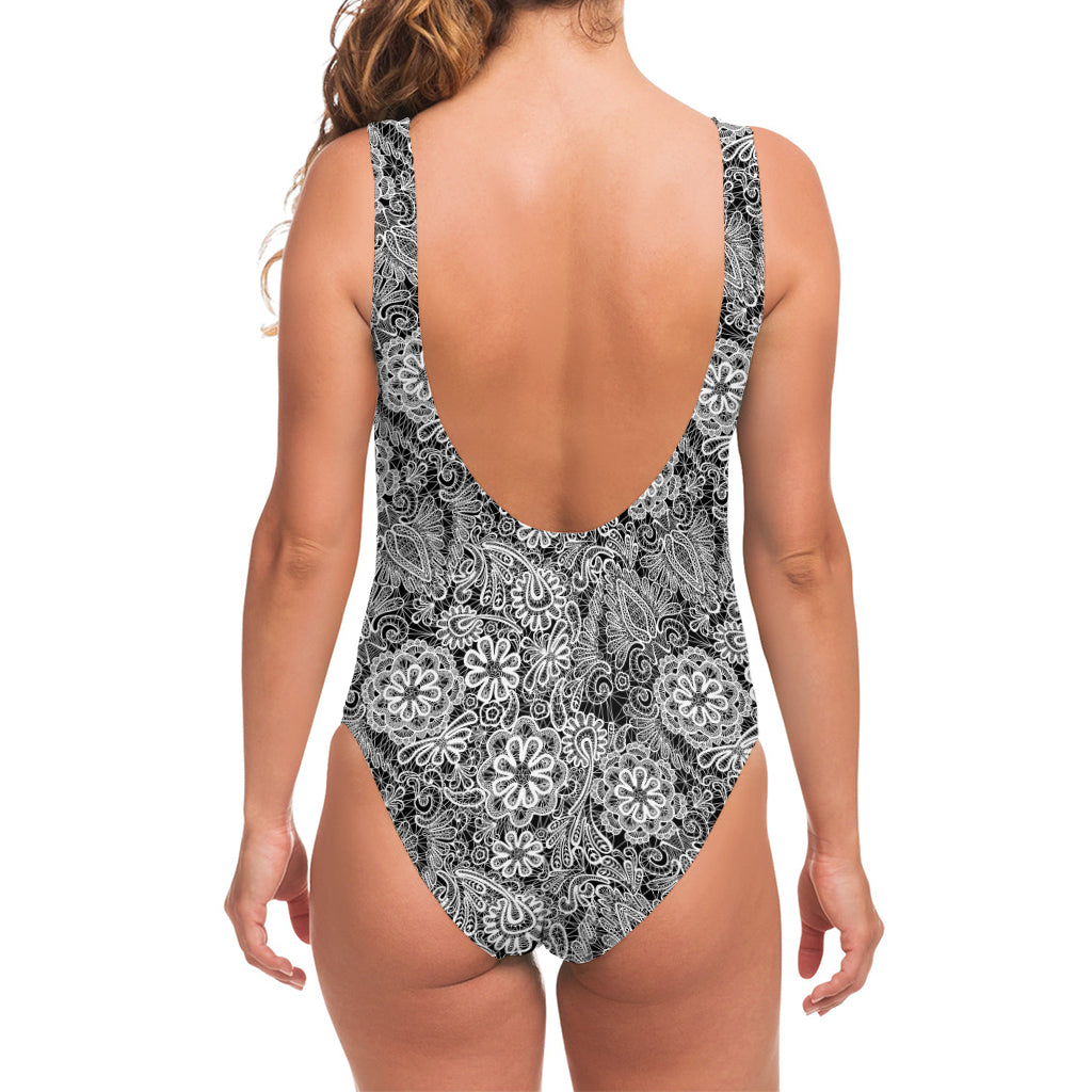 Black And White Western Flower Print One Piece Swimsuit