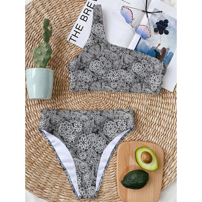 Black And White Western Flower Print One Shoulder Bikini Top