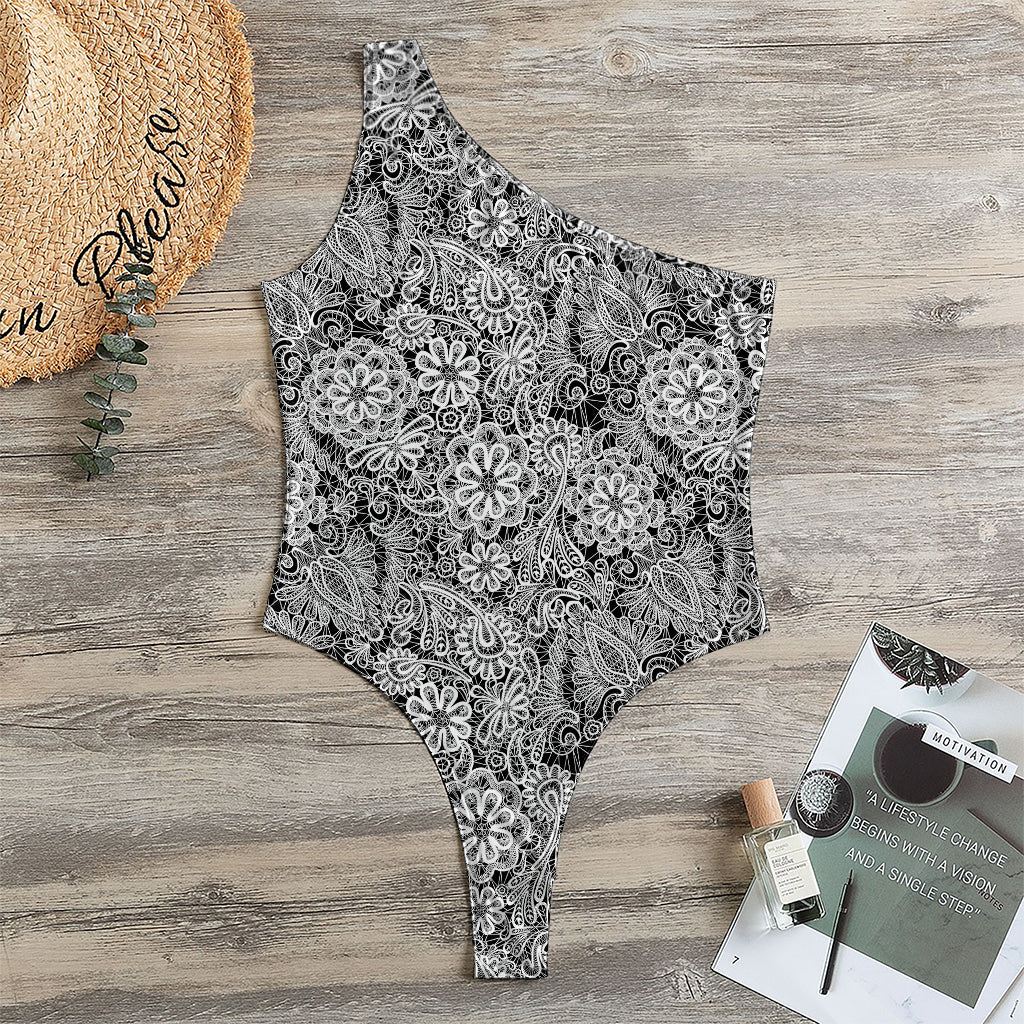 Black And White Western Flower Print One Shoulder Bodysuit