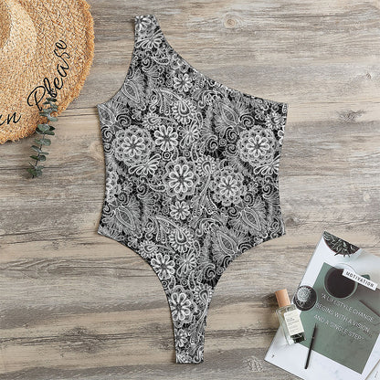 Black And White Western Flower Print One Shoulder Bodysuit