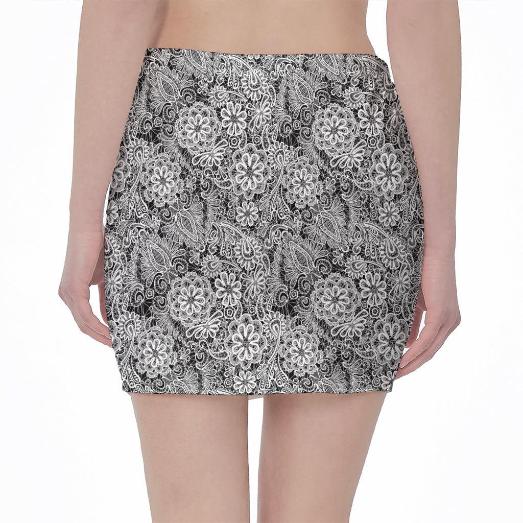 Black And White Western Flower Print Pencil Mini Skirt