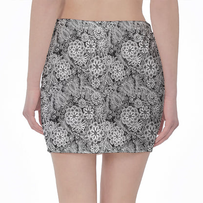 Black And White Western Flower Print Pencil Mini Skirt