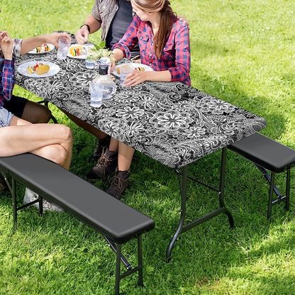 Black And White Western Flower Print Picnic Table Cover