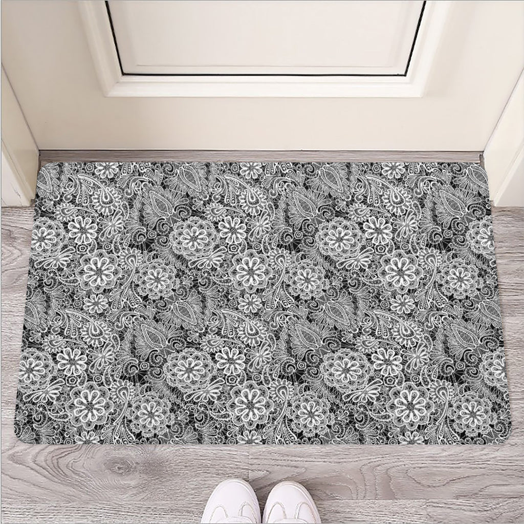 Black And White Western Flower Print Rubber Doormat