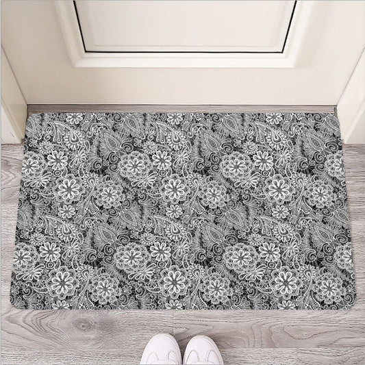 Black And White Western Flower Print Rubber Doormat