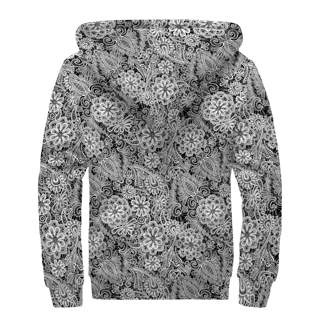 Black And White Western Flower Print Sherpa Lined Zip Up Hoodie