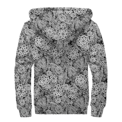 Black And White Western Flower Print Sherpa Lined Zip Up Hoodie