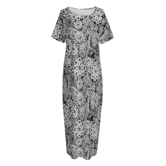 Black And White Western Flower Print Short Sleeve Long Nightdress